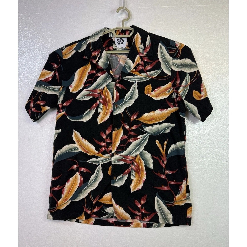 Vtg Hilo Hattie Shirt Mens Sz L Black Tropical Button Up Hawaiian USA Travel